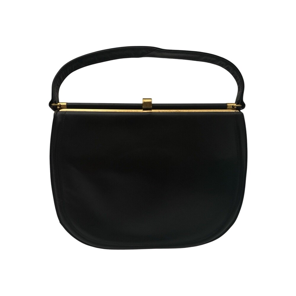 Vintage 1950s Escort Bag Black Leather Frame Handbag Mirror Coin Purse MCM - Picture 2 of 14
